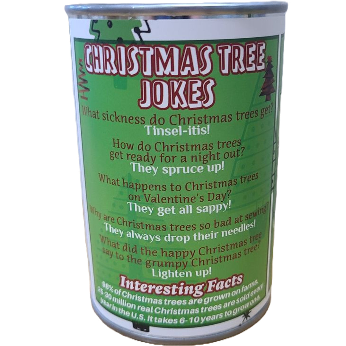 Canister with Christmas tree jokes on a green background