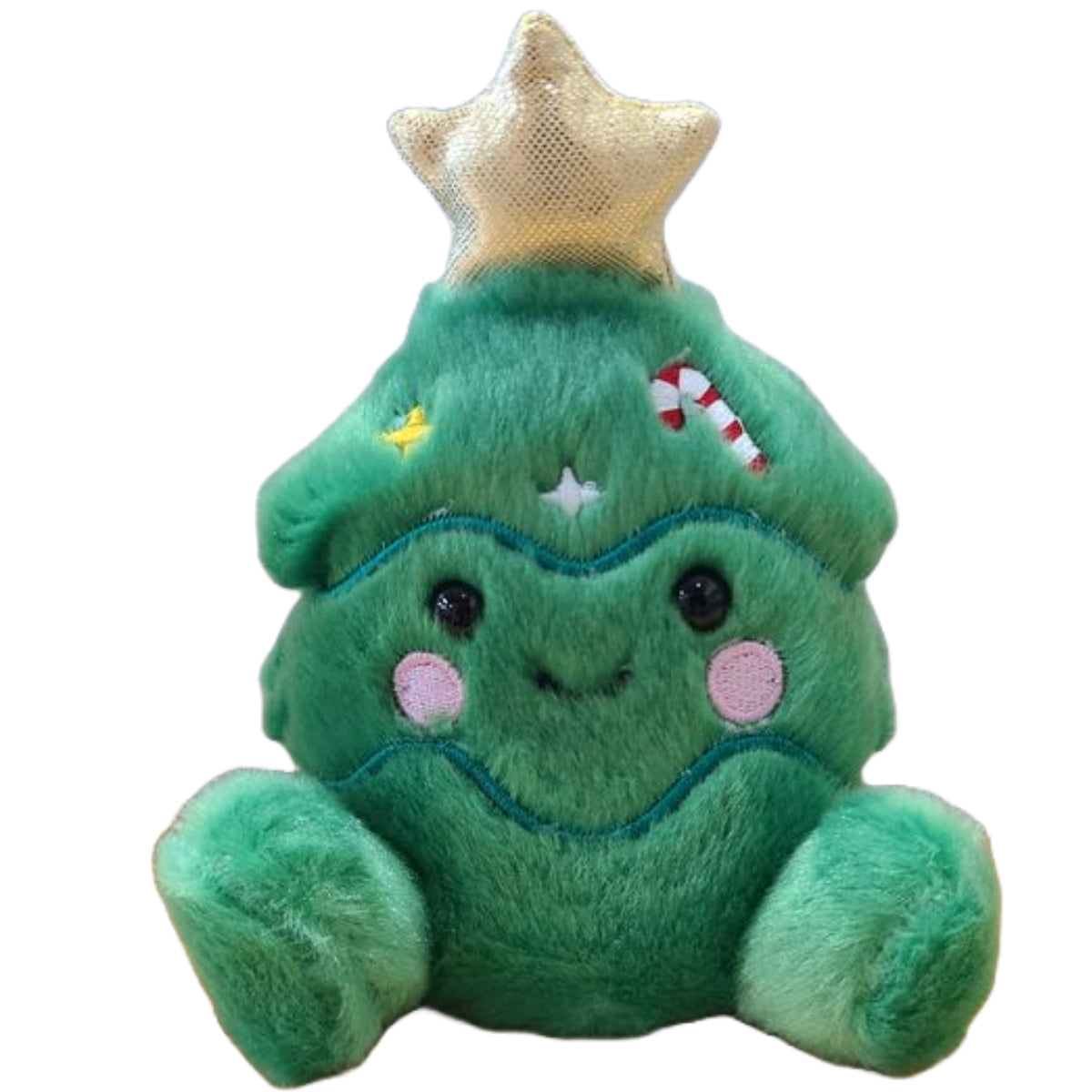 Green plush toy shaped like a Christmas tree with decorative elements on a white background