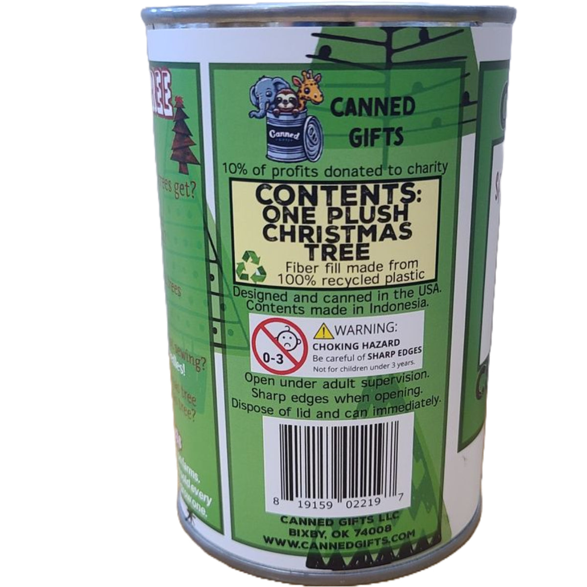 Canned gift with plush Christmas tree contents and branding on a white background