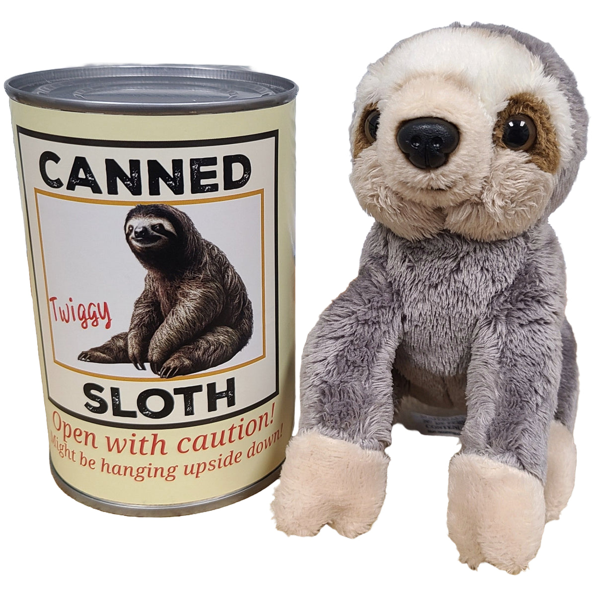 Plush toy sloth next to a can labeled 'Canned Sloth' on a white background