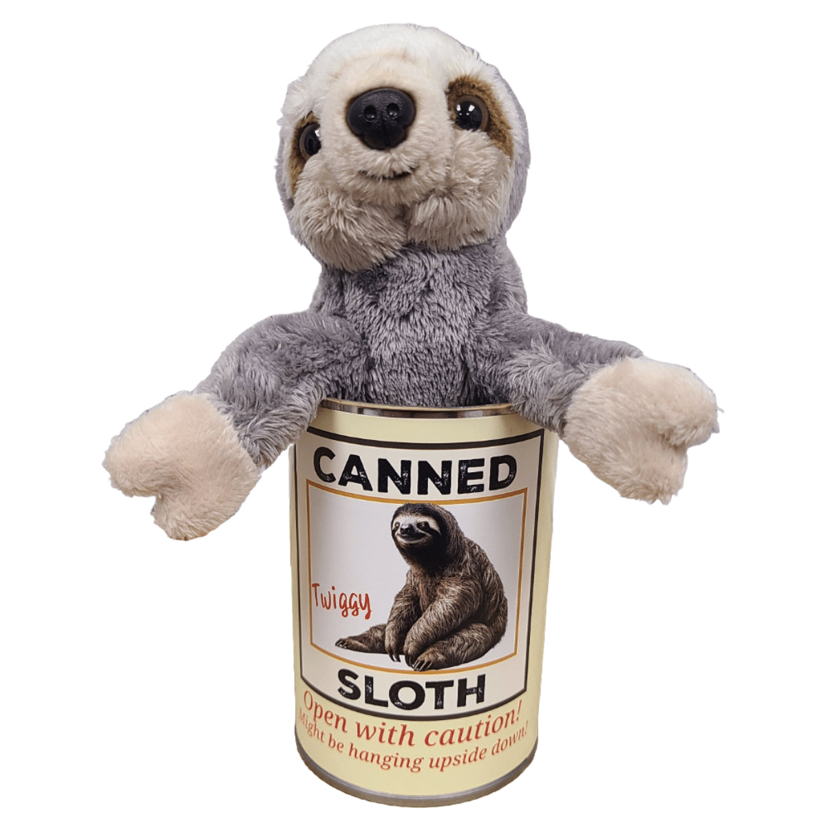 Plush toy sloth holding a can labeled 'Canned Sloth' on a white background