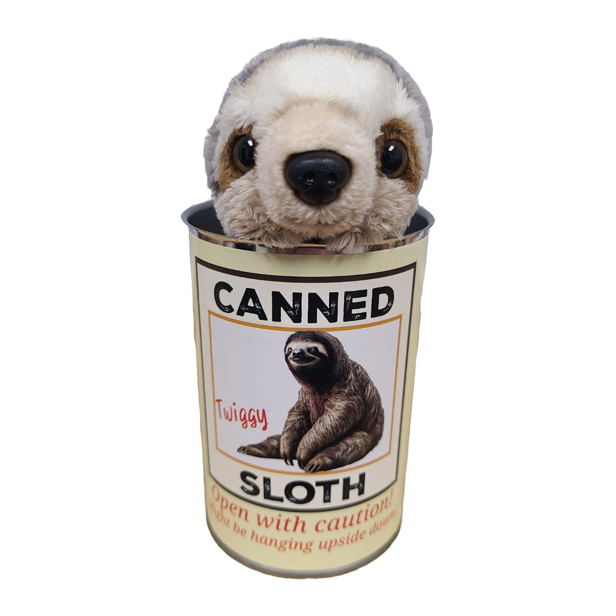 Plush toy sloth in a can labeled 'Canned Sloth' on a white background