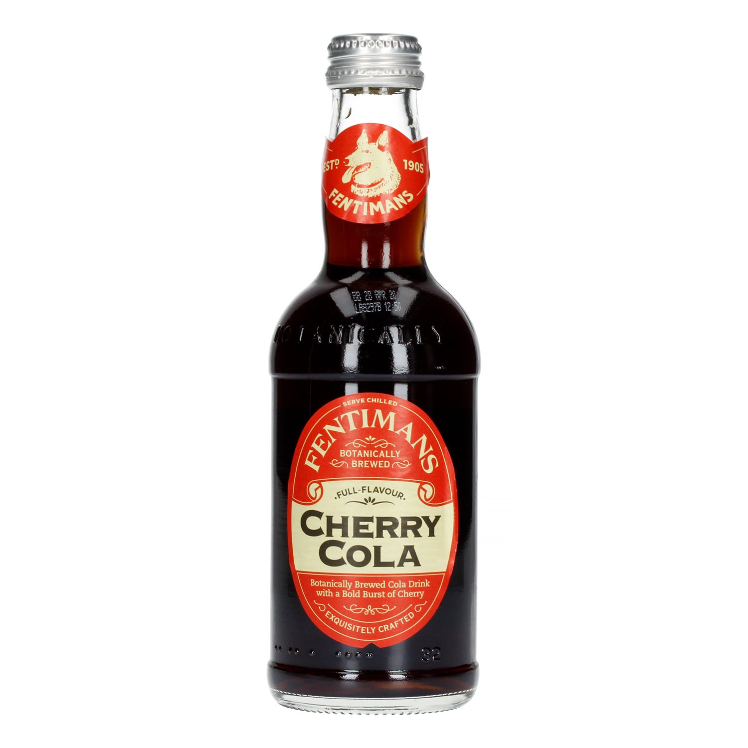 Fentimans Cherry Cola bottle on a white background