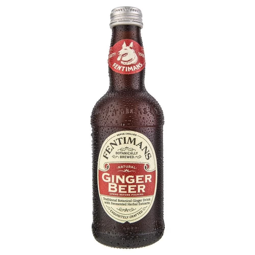 Bottle of Fentimans Ginger Beer on a white background