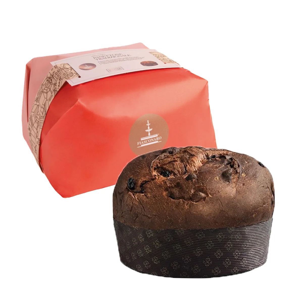 Panettone bread with a red packaging box on a white background