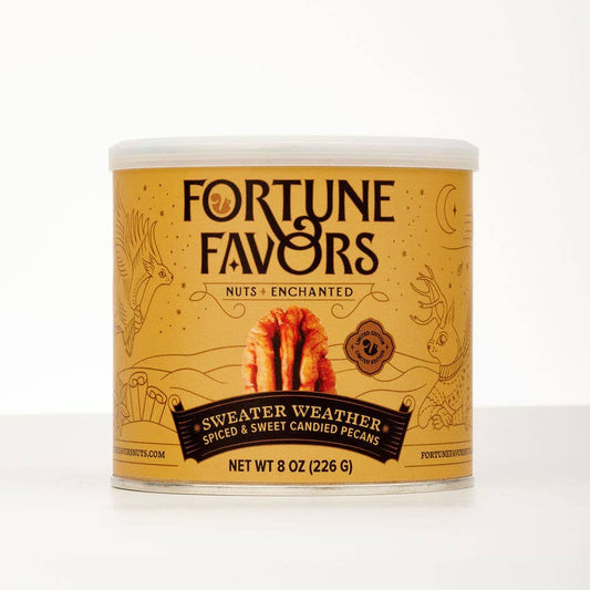 Canister of 'Fortune Favors' nuts on a white background