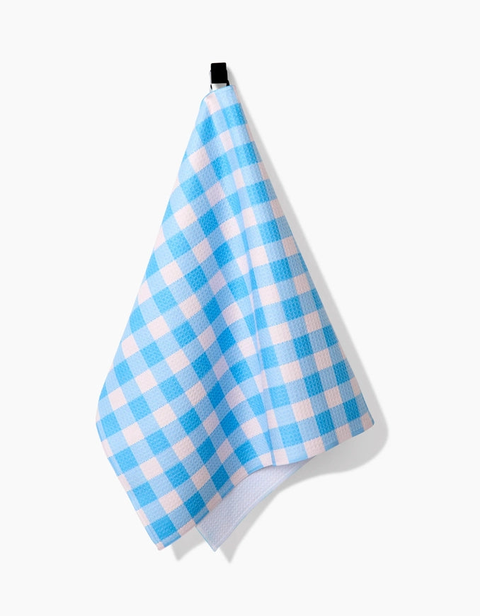 Blue and white checkered towel hanging on a black clip against a white background