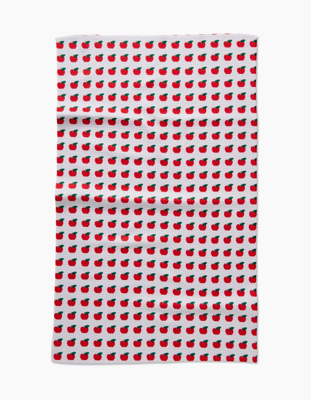 Tea towel with red apple pattern on a white background