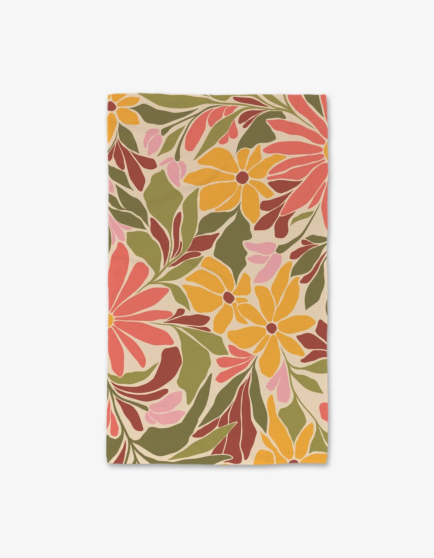 Floral patterned fabric with pink, yellow, and green colors on a white background