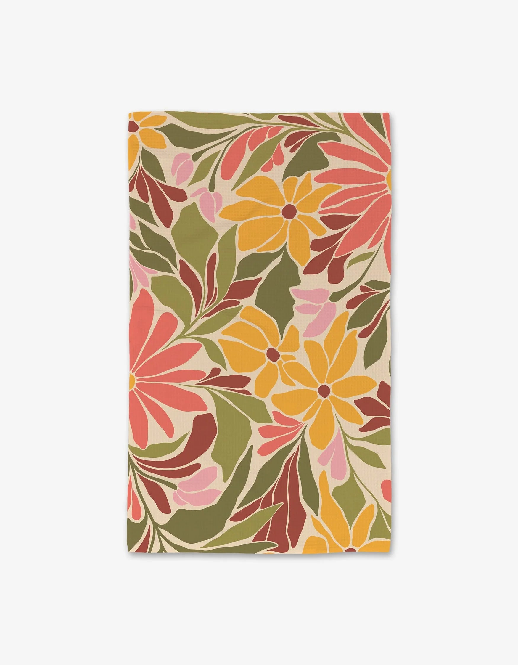 Floral patterned fabric with pink, yellow, and green colors on a white background