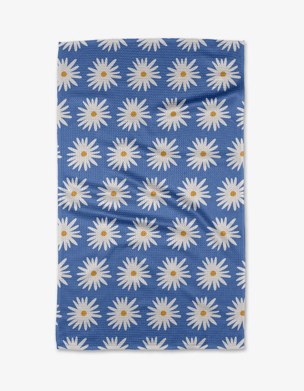 Blue fabric with white daisy pattern on a white background