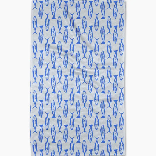 Towel with blue fish pattern on a white background