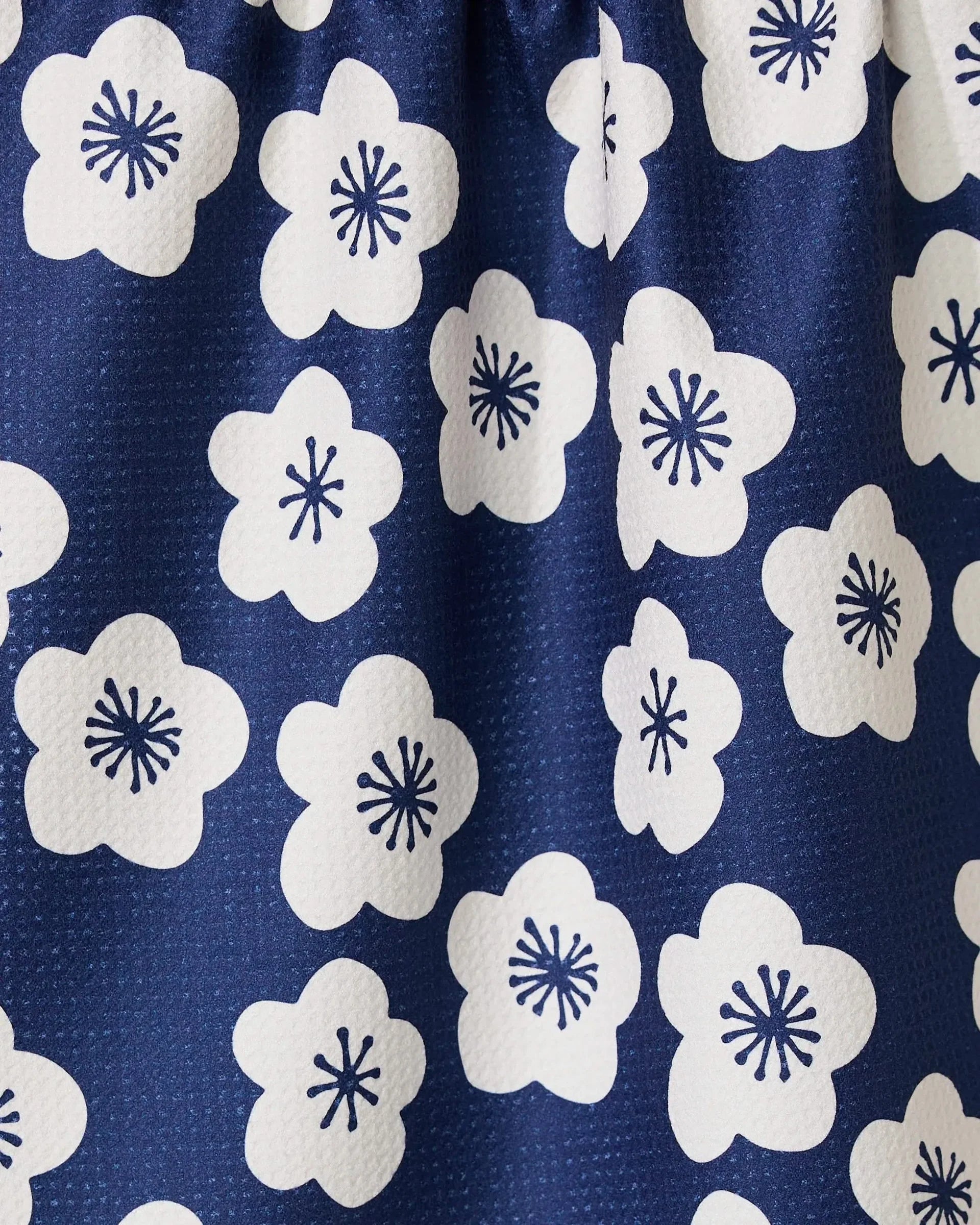 Navy blue fabric with white floral patterns