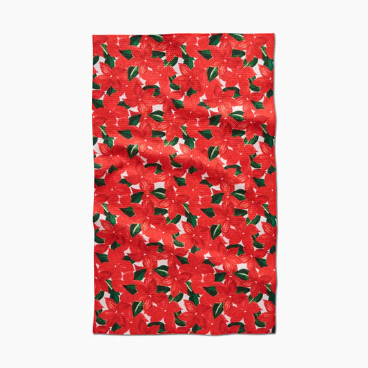 Red floral patterned towel on a white background