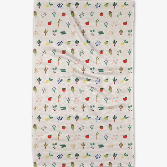 Fabric with colorful vegetable pattern on a white background