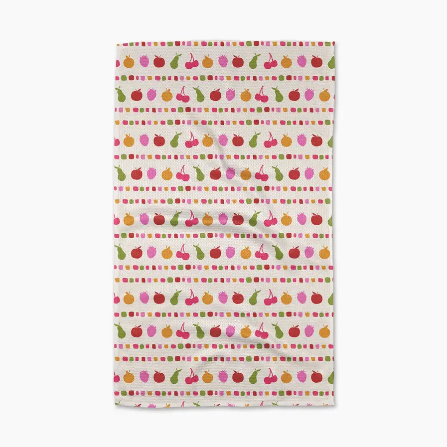 Fabric with colorful fruit pattern on a white background