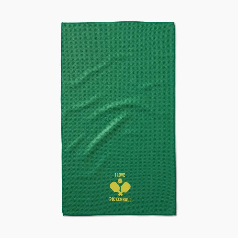 Green towel with 'I love pickleball' text and design on a white background