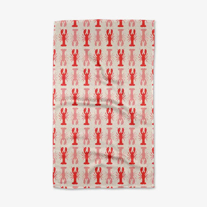 Towel with red lobster pattern on a white background