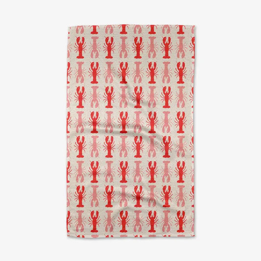 Towel with red lobster pattern on a white background