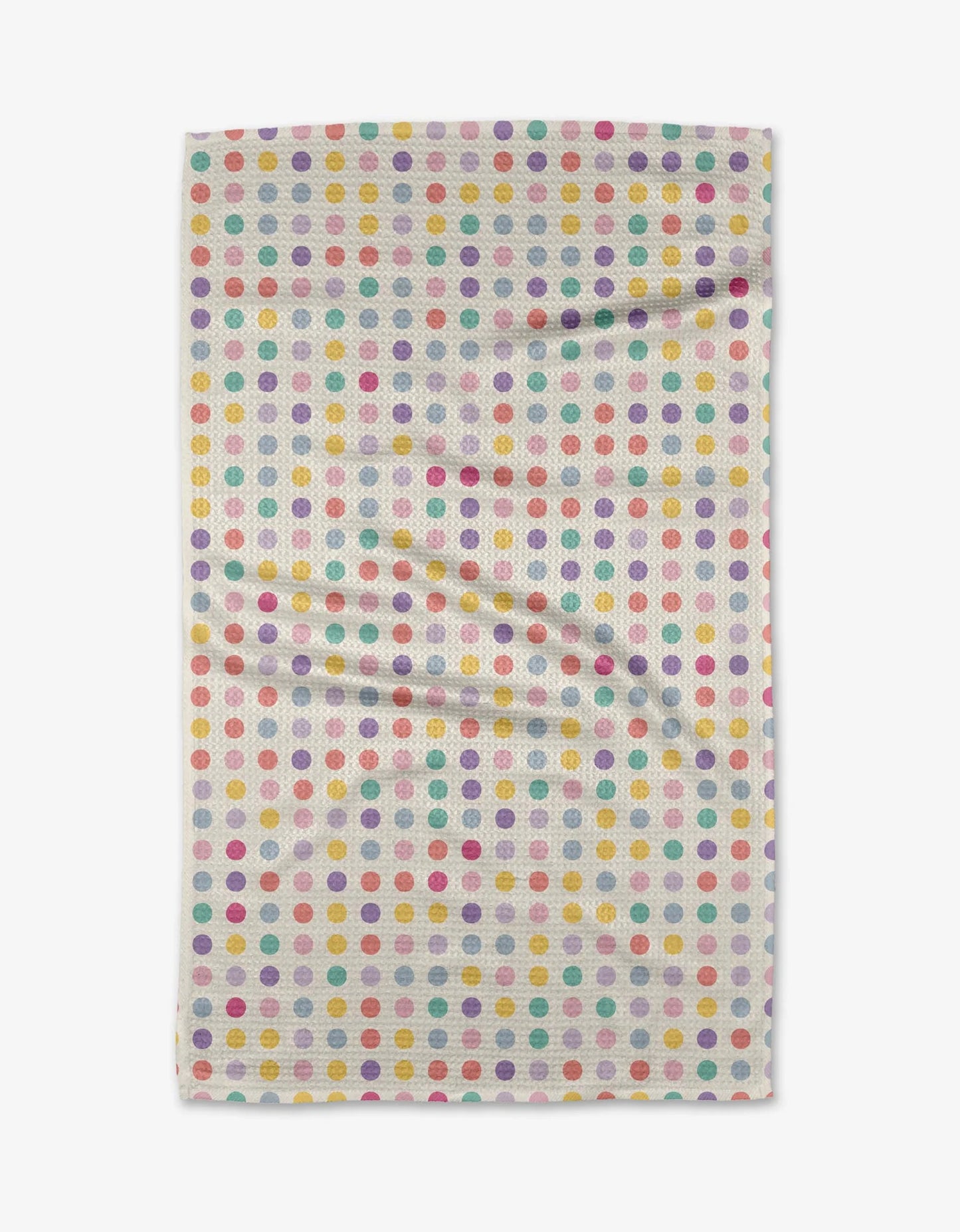 Multicolored polka dot pattern on a white background