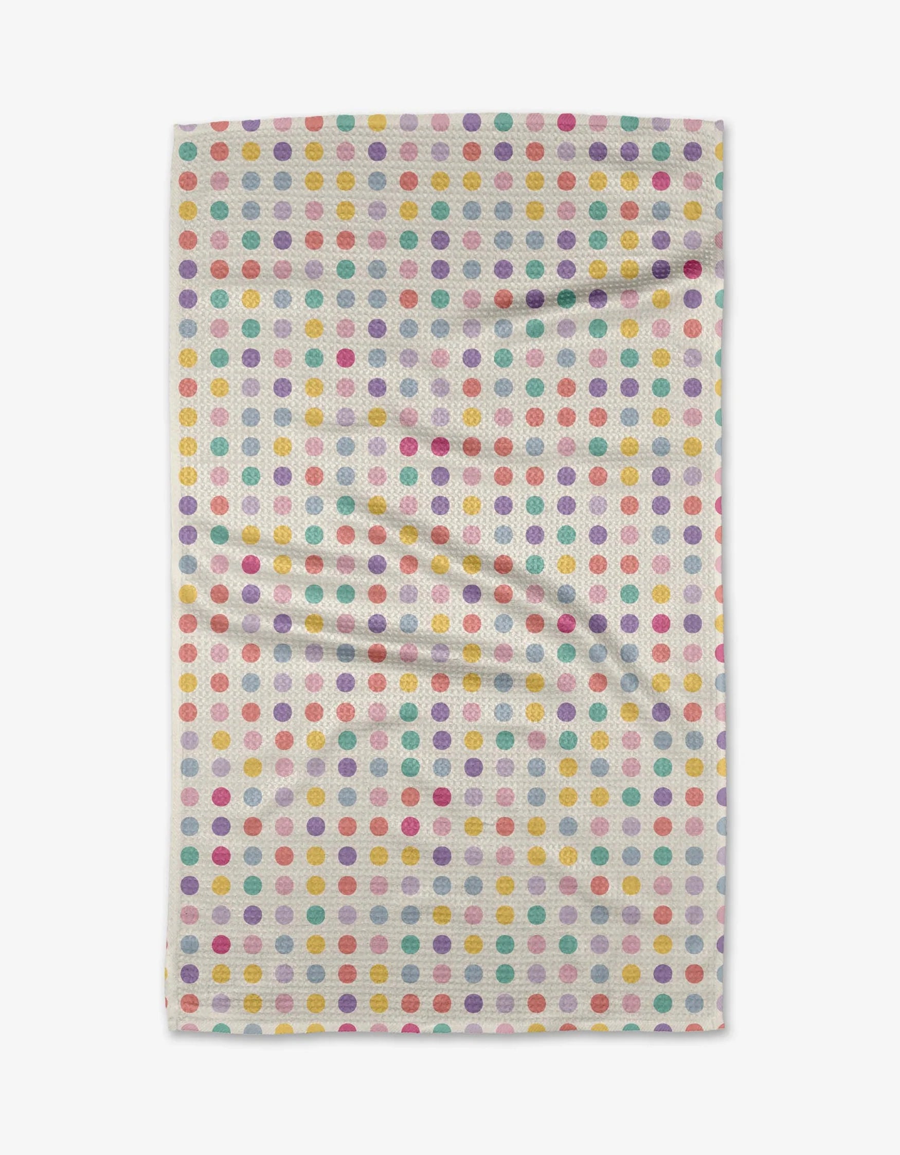 Multicolored polka dot pattern on a white background