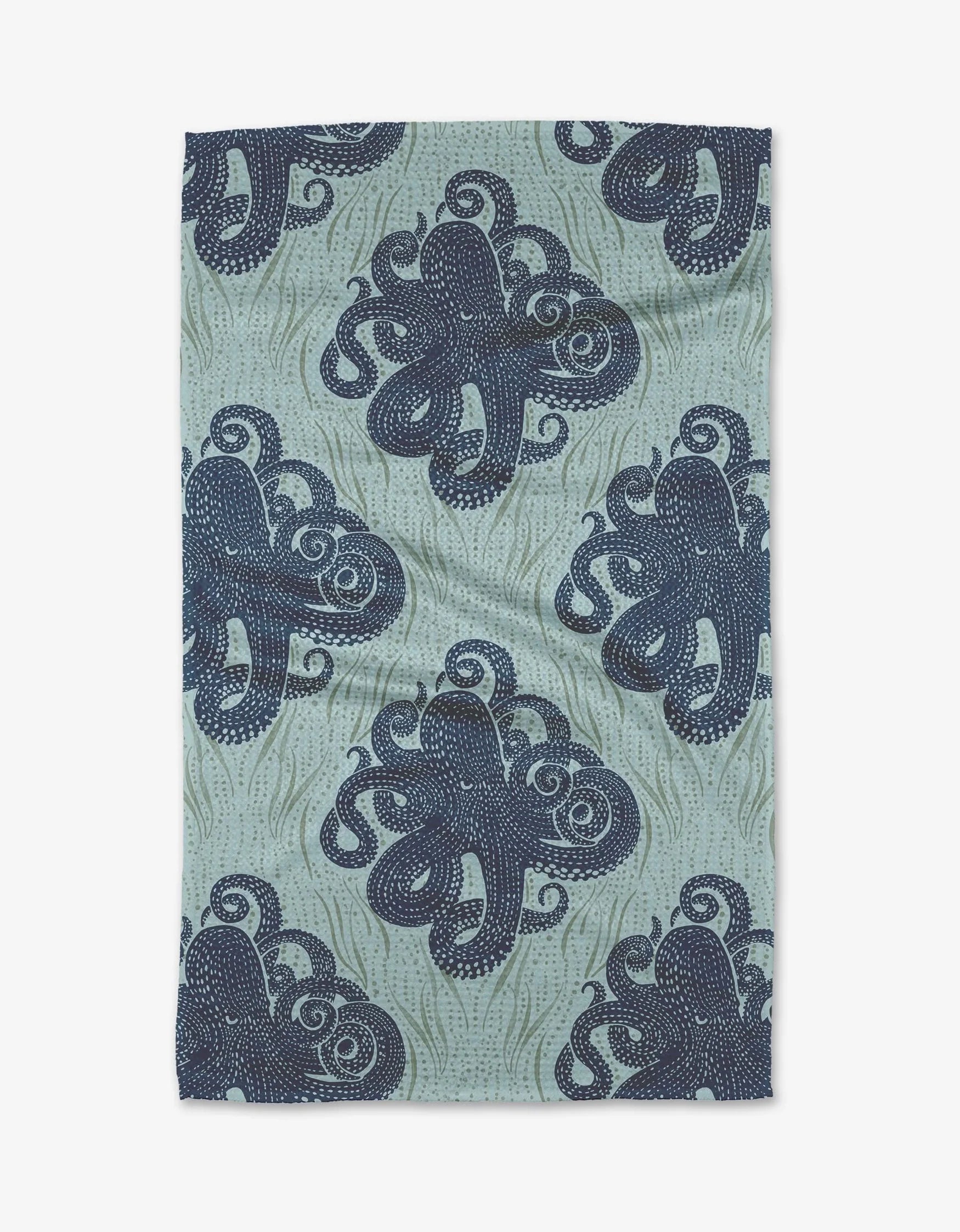 Tea towel with blue octopus pattern on a light green background