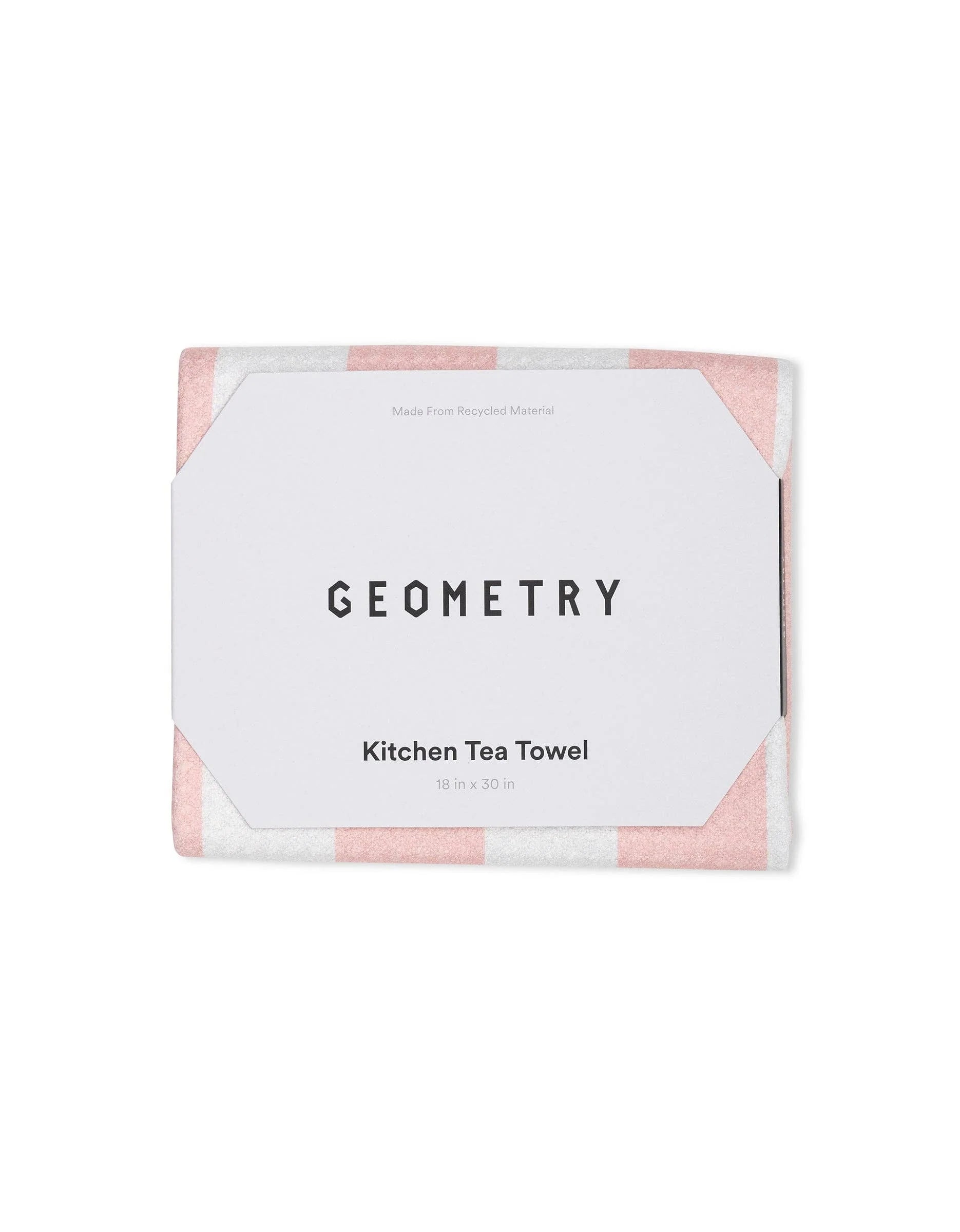 Kitchen tea towel packaging with 'Geometry' branding on a white background