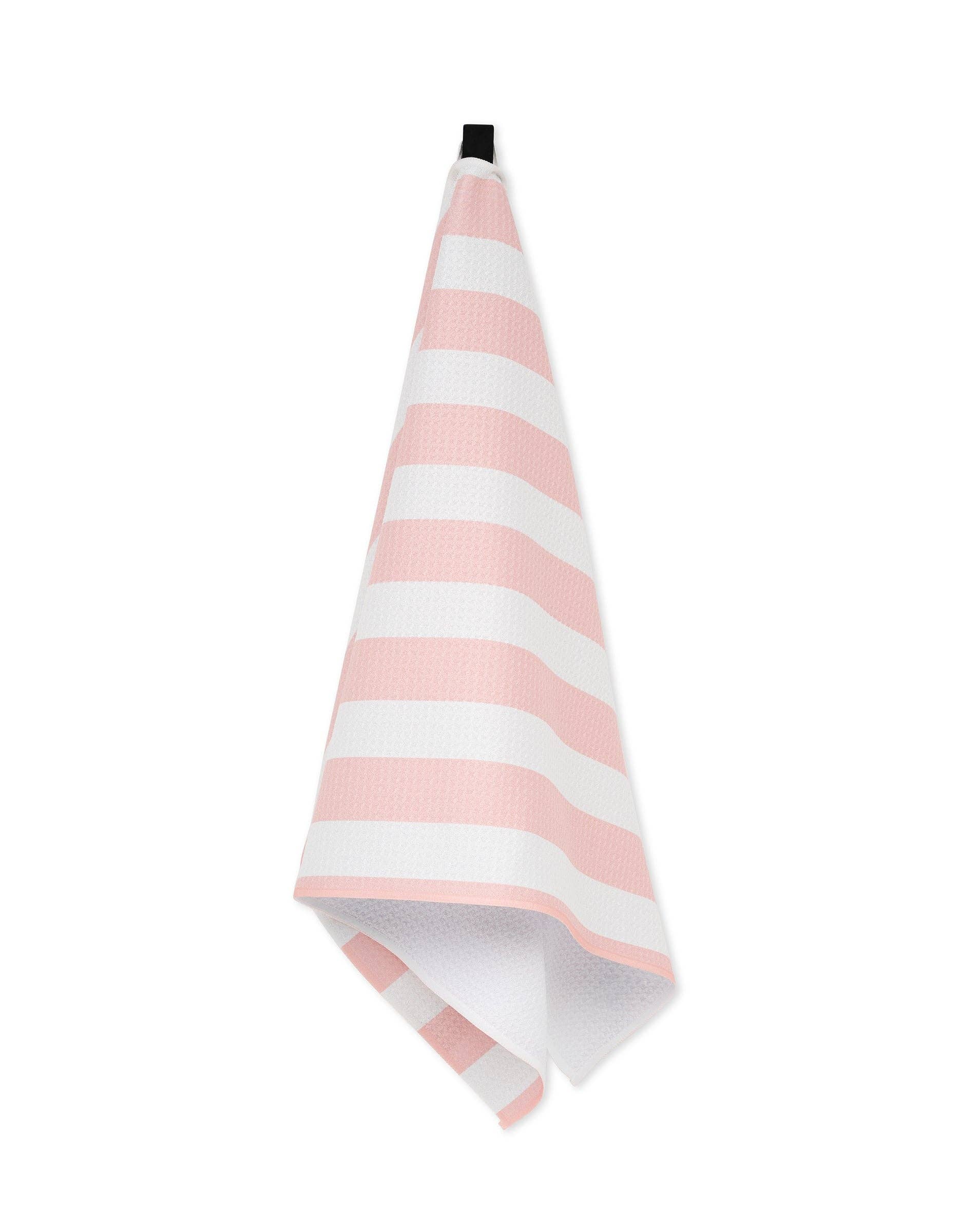 Striped pink and white towel on a white background