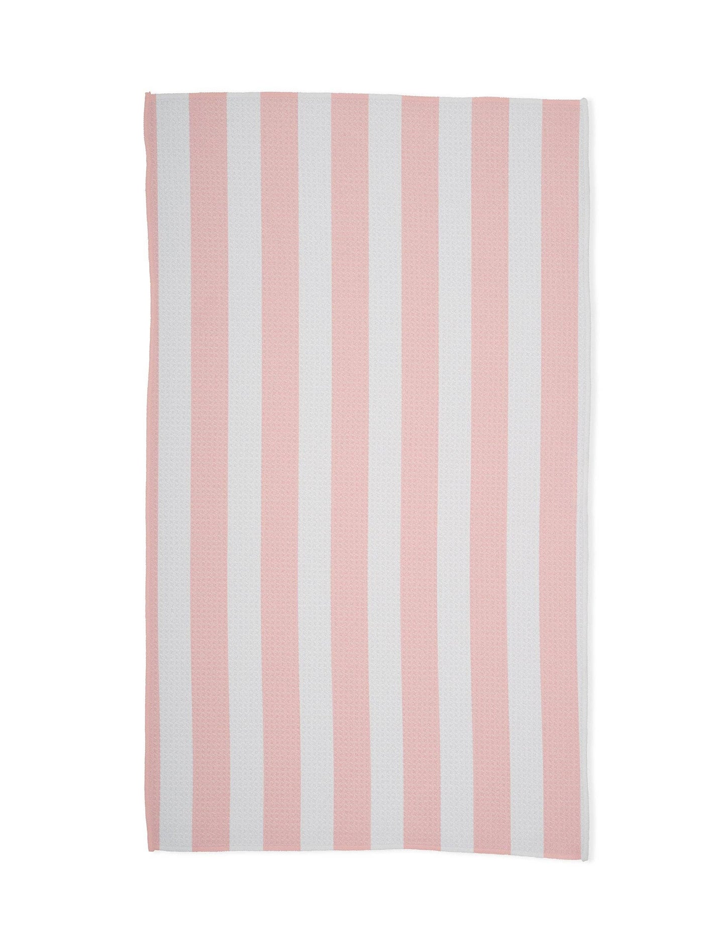 Towel with pink and white vertical stripes on a white background