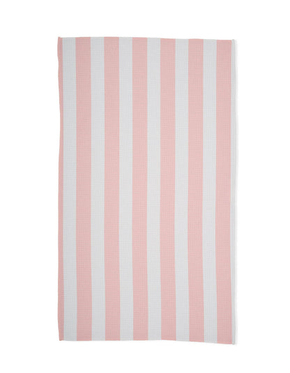 Towel with pink and white vertical stripes on a white background