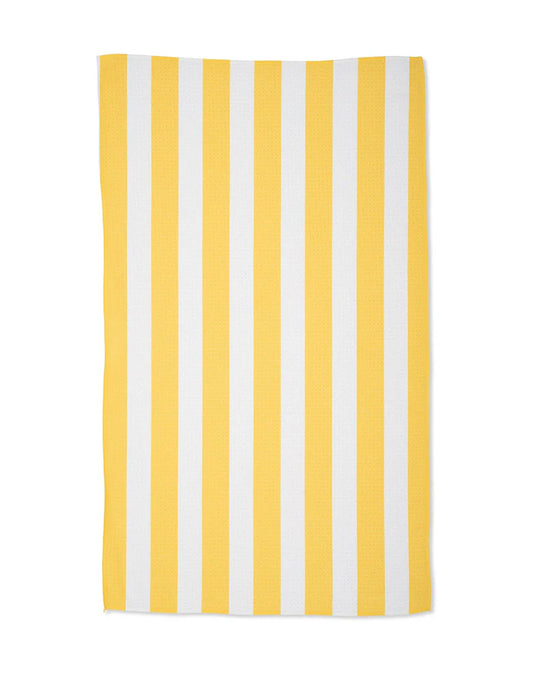 Yellow and white striped towel on a white background
