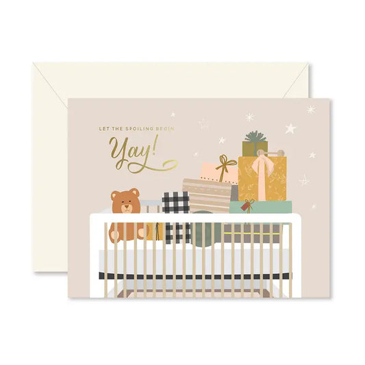 Baby shower invitation with crib, teddy bear, and presents on a beige background