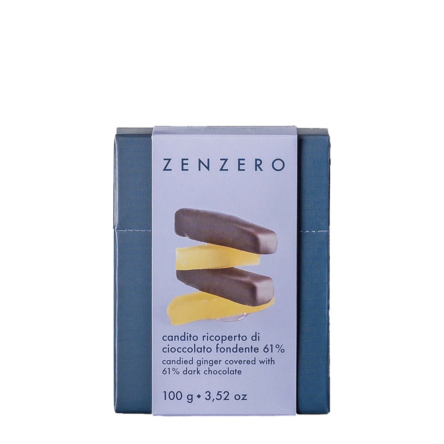Zenzero chocolate packaging with candied ginger on a white background