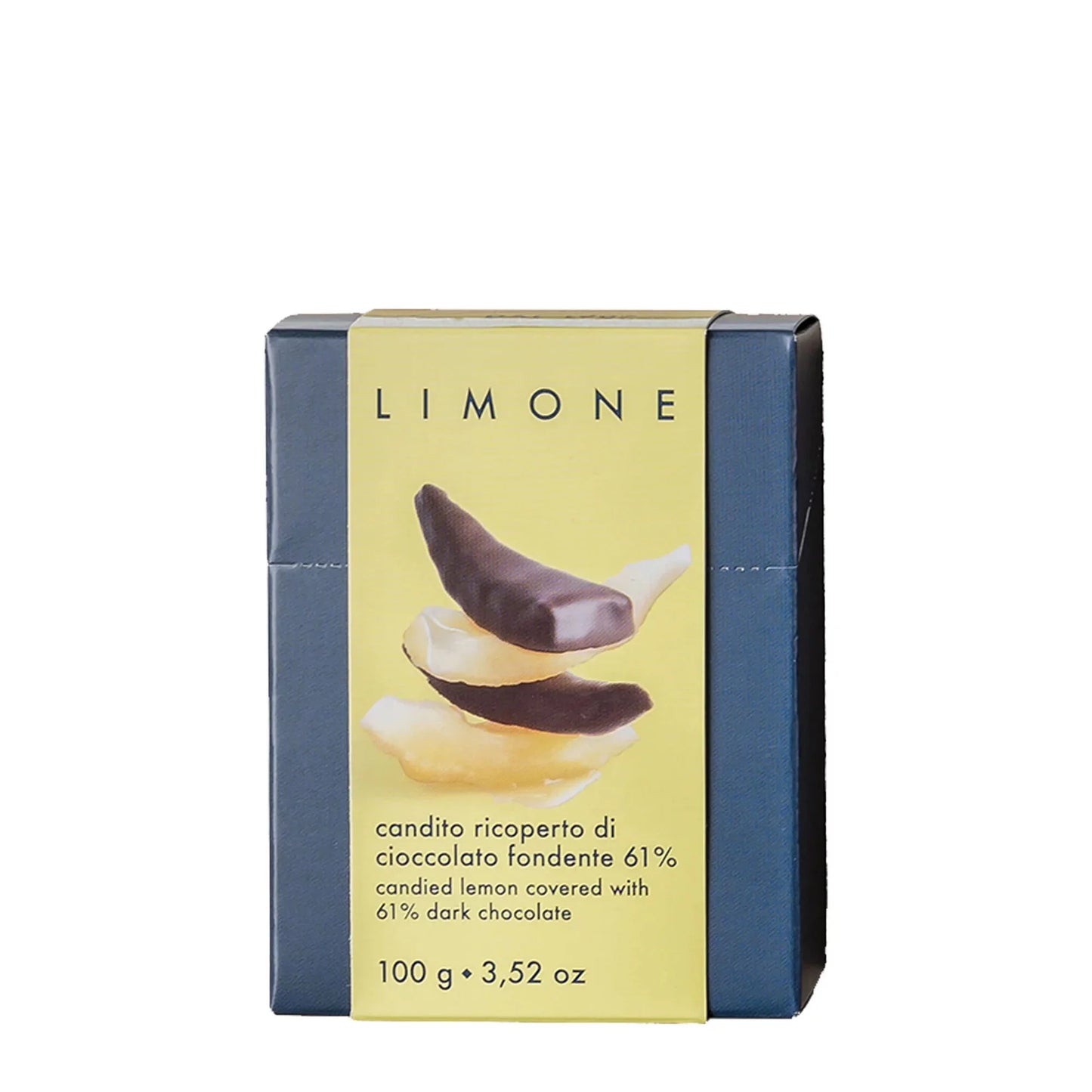 Limone chocolate candy packaging with yellow label and dark blue border