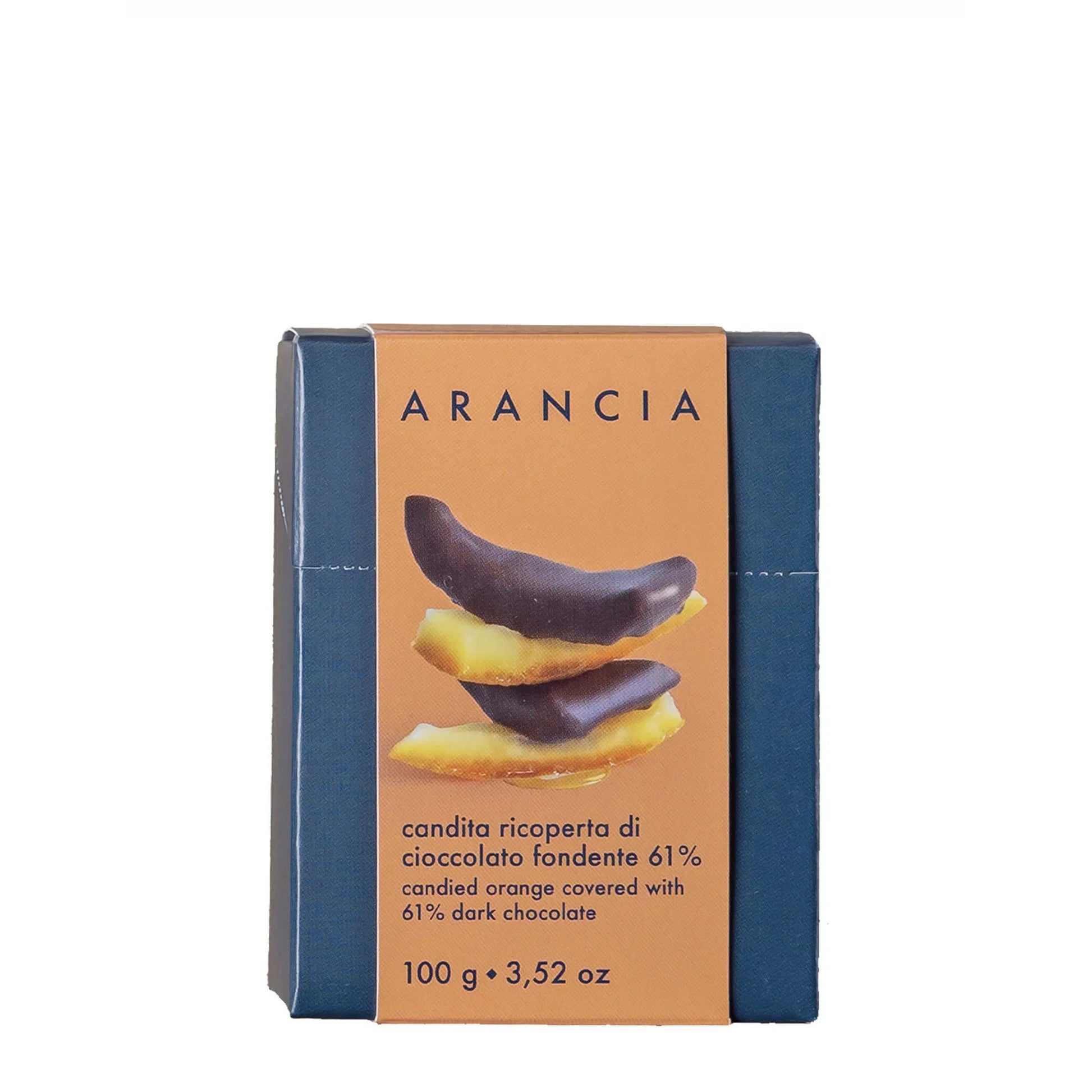 Box of Arancia candied orange covered with 61% dark chocolate on a white background