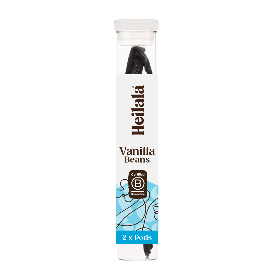 Heilala vanilla beans packaging on a white background
