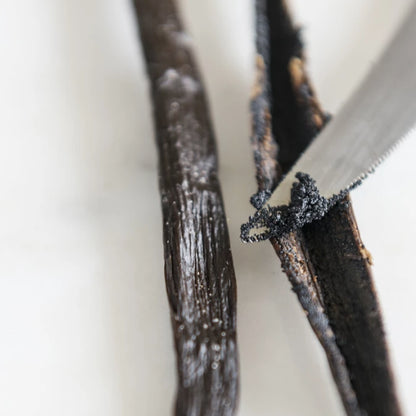 Vanilla bean with a small amount of vanilla extract on a white background