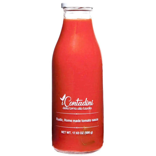 Bottle of Contadini tomato sauce on a white background