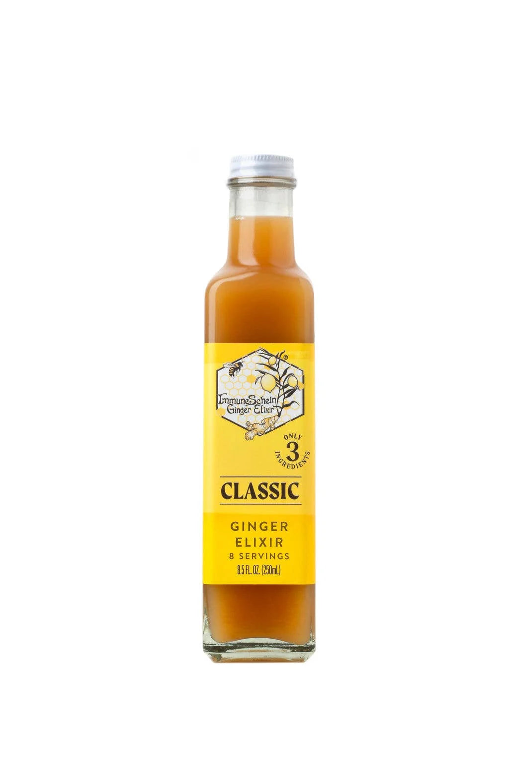 Bottle of ginger elixir with a yellow label on a white background