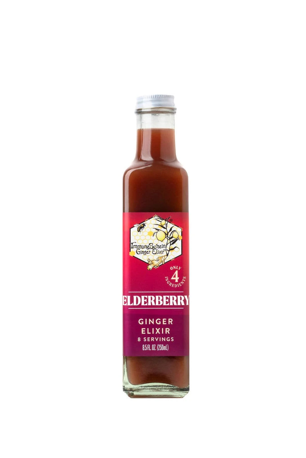 Bottle of Elderberry Ginger Elixir on a white background