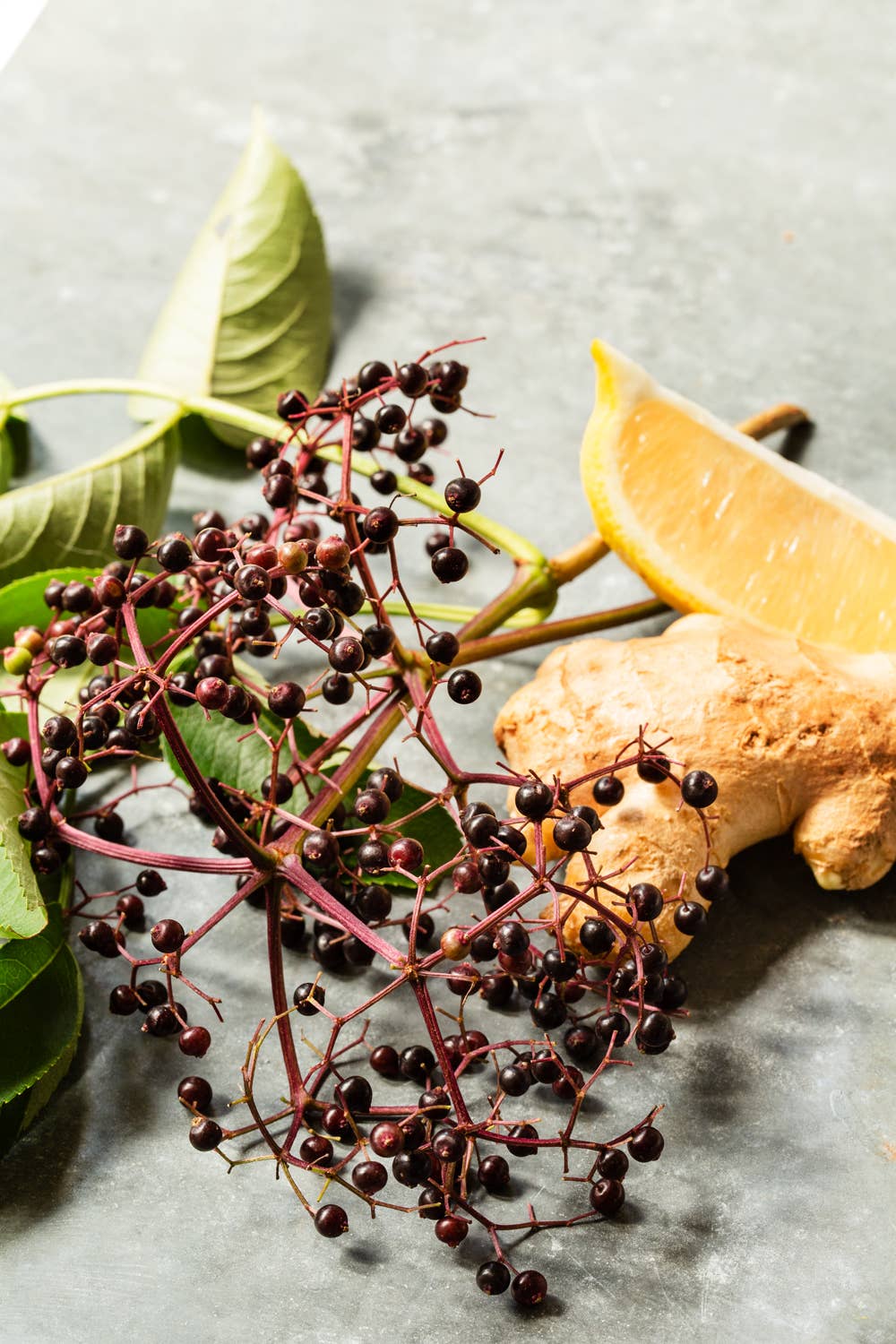 Ginger root, lemon wedge, and elderberry branch on a gray surface