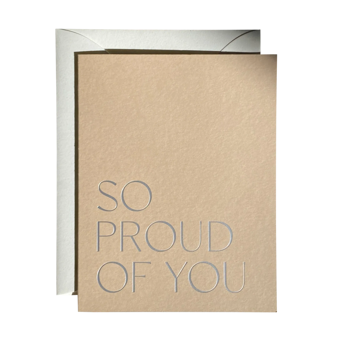 Kraft paper card with 'SO PROUD OF YOU' text on a white background