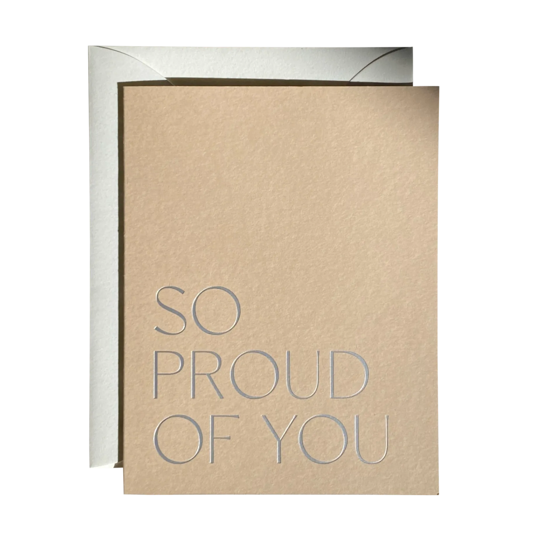 Kraft paper card with 'SO PROUD OF YOU' text on a white background