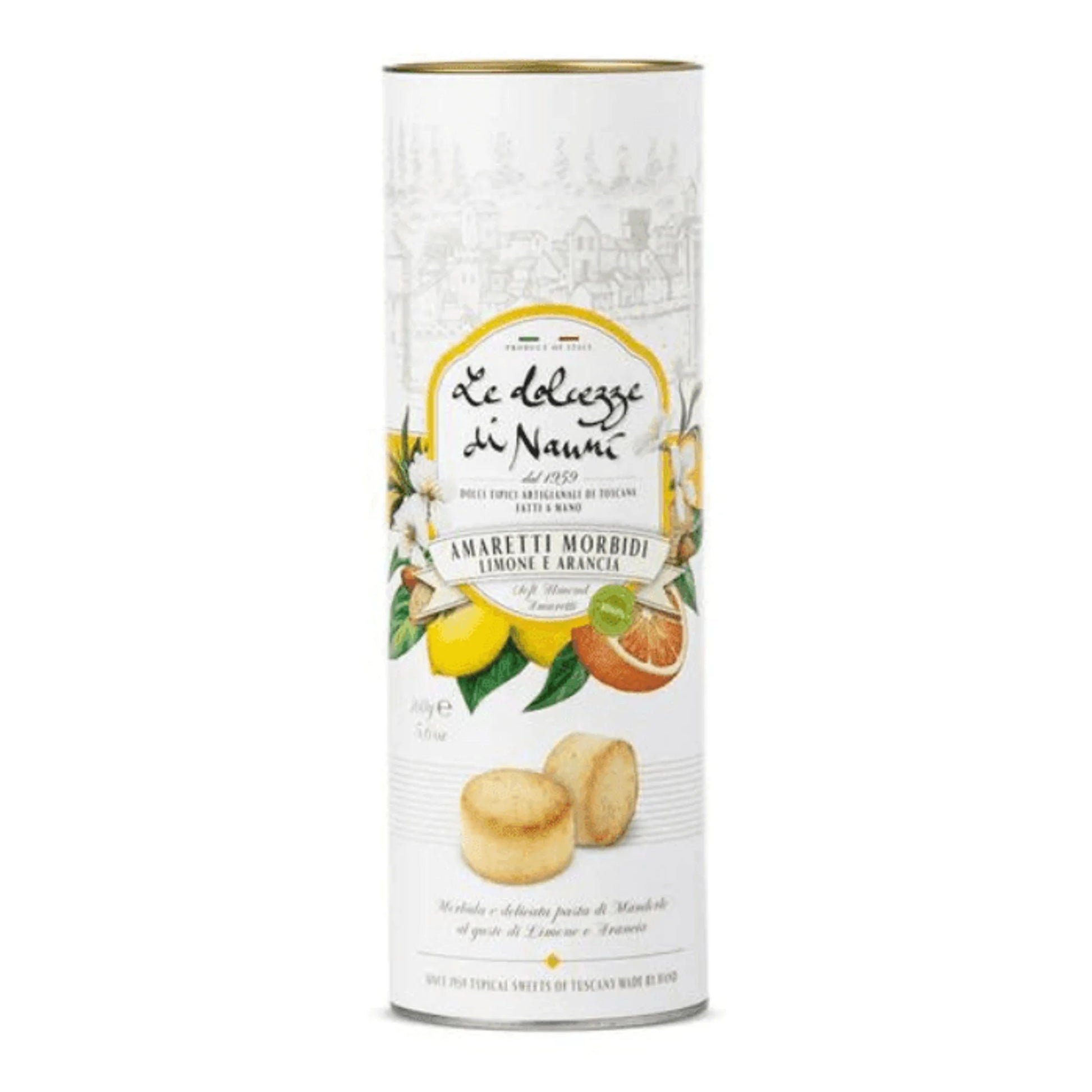 Canister of Le Dolcezze di Nanni soft cookies with lemon and orange flavor on a white background