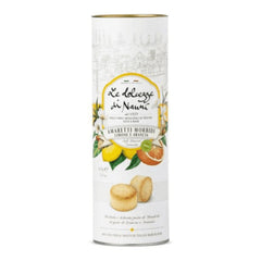 Canister of Le Dolcezze di Nanni soft cookies with lemon and orange flavor on a white background