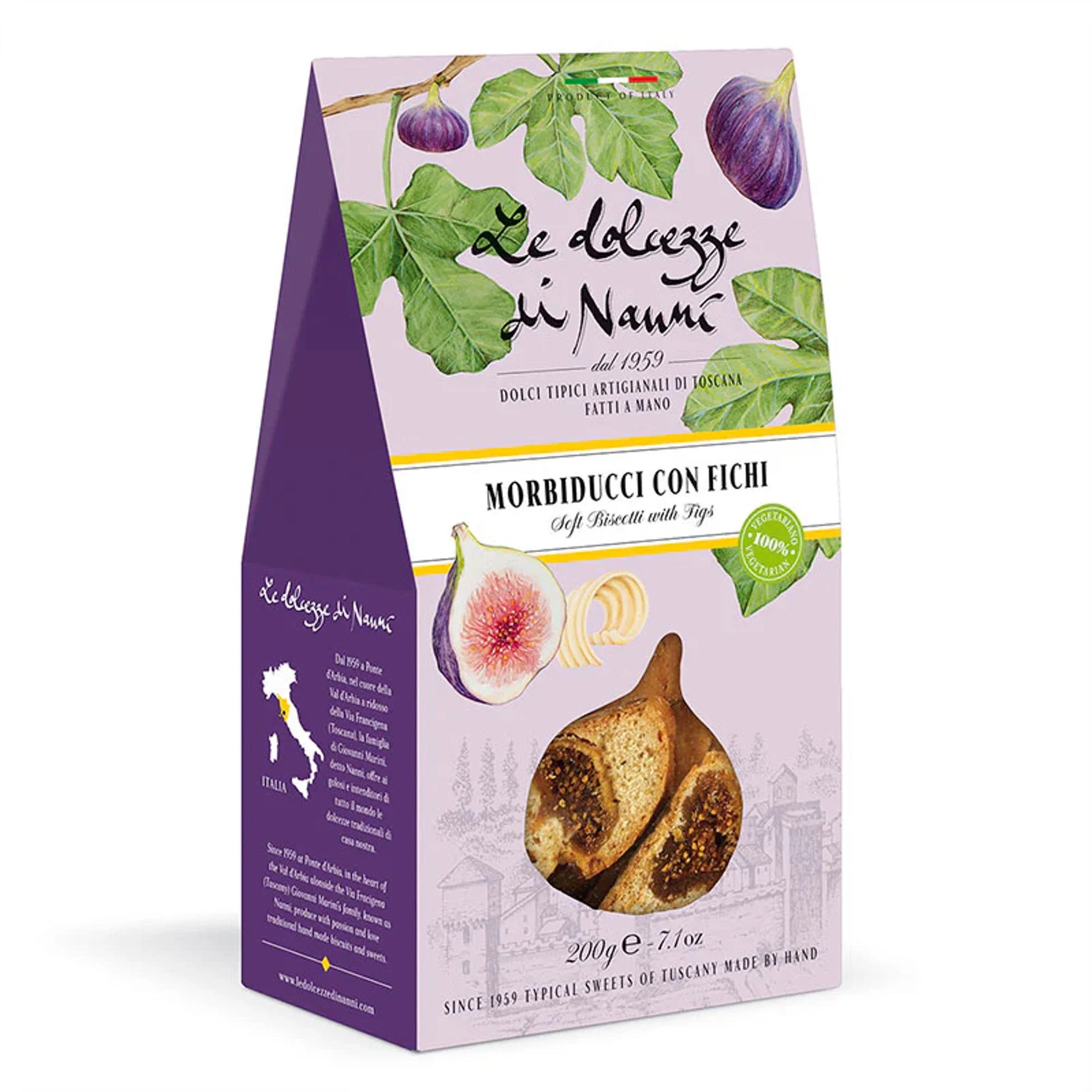 Packaging of Morbiducci con Fichi sweets with fig illustrations on a white background