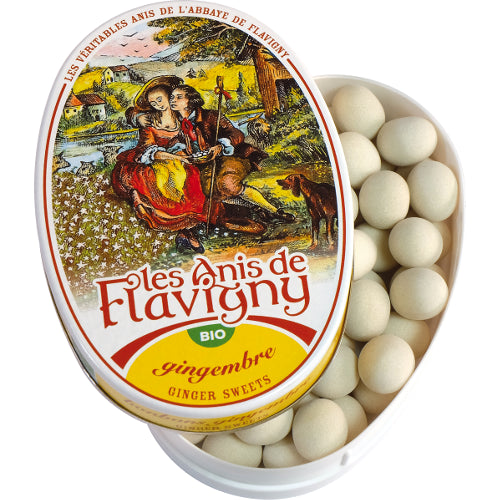 Tin of Les Anis de Flavigny ginger sweets with decorative label