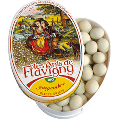 Tin of Les Anis de Flavigny ginger sweets with decorative label