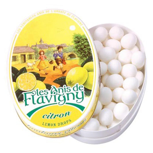 Tin of lemon drops with a colorful label featuring children and lemons.
