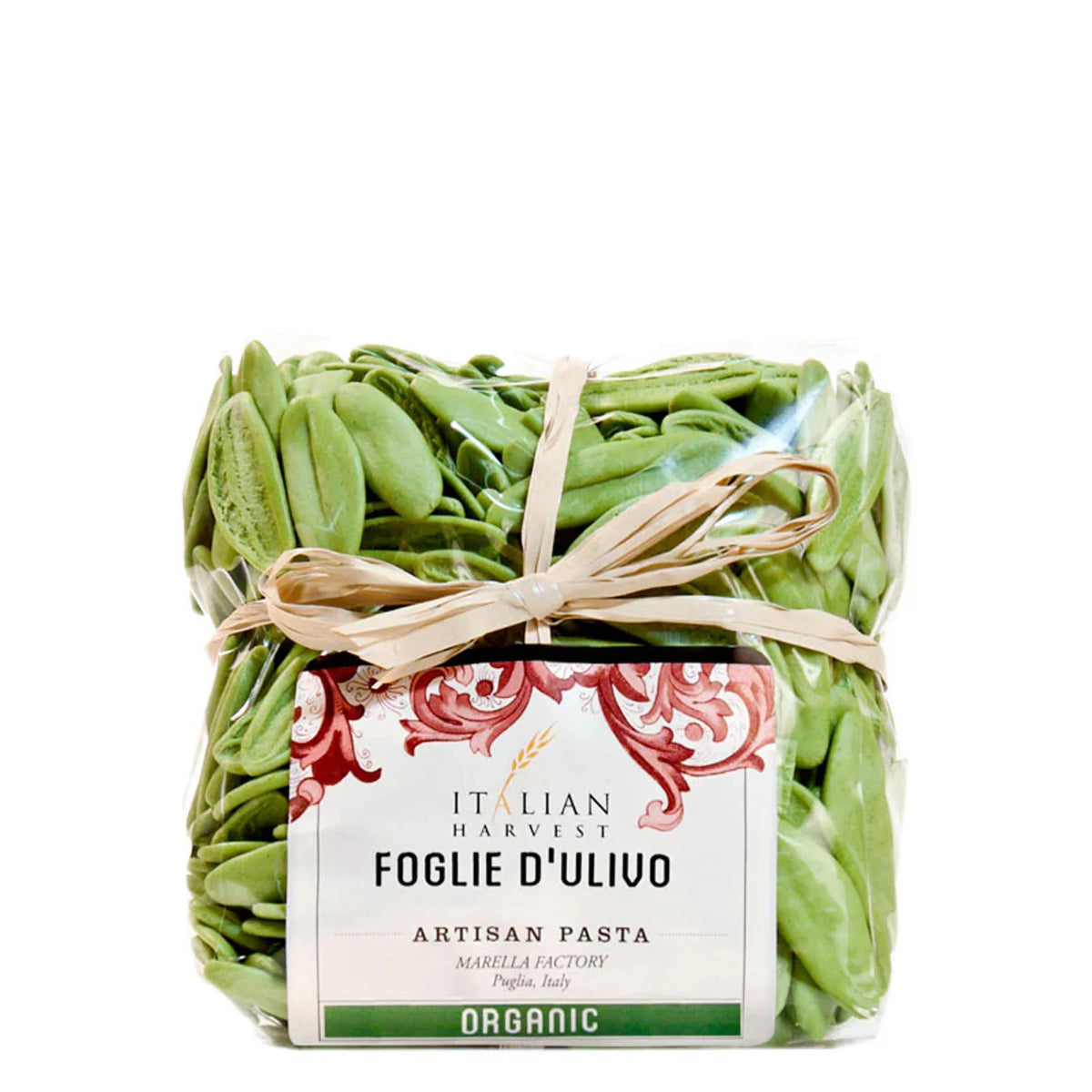 Box of artisan pasta with a decorative label on a white background